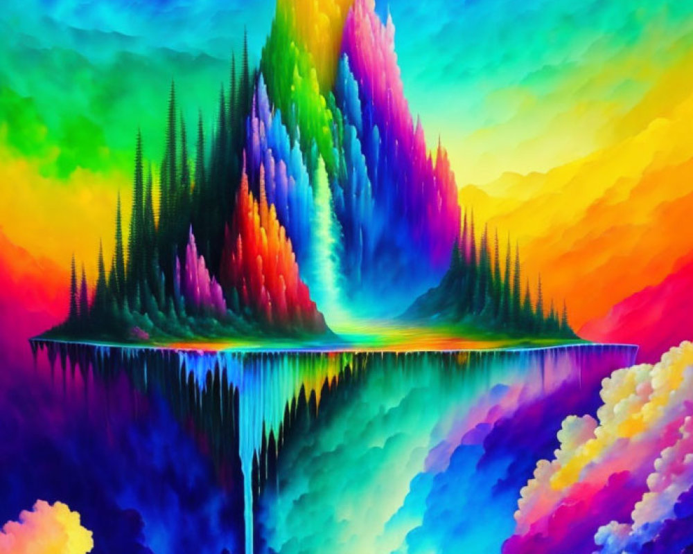 Colorful fantasy landscape with vibrant mountain and waterfall.