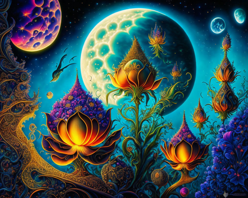 Colorful fantasy landscape with luminous flowers, ornate tree, and starlit sky.