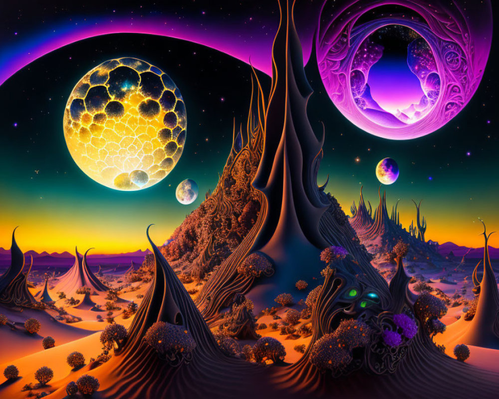 Fantastical Twilight Landscape with Surreal Trees and Oversized Moons