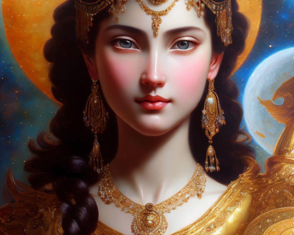 Digital artwork featuring woman with golden jewelry and celestial background.