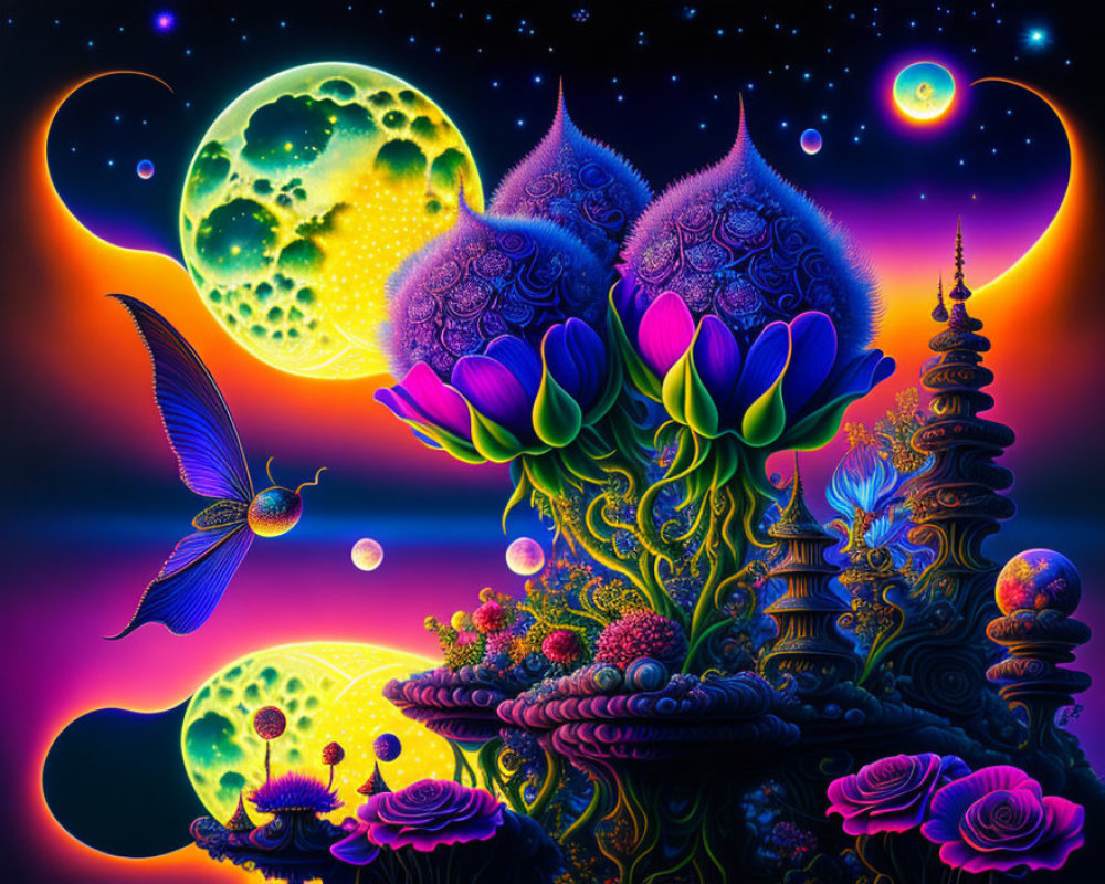 Fantasy landscape with luminescent flowers, butterfly, and celestial bodies against starry sky