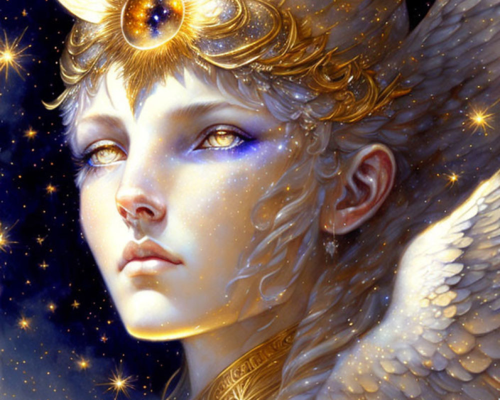 Fantasy character with golden crown, angelic wings, starry background, and ethereal glow