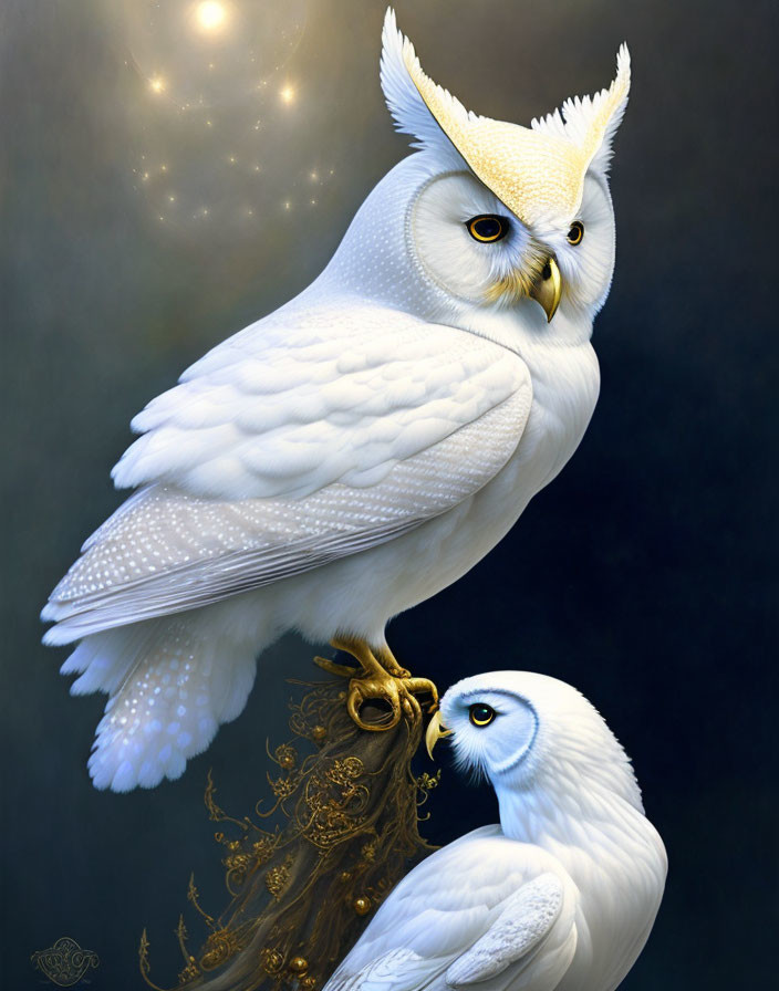 Fantastical white owls with golden accents perched against celestial backdrop