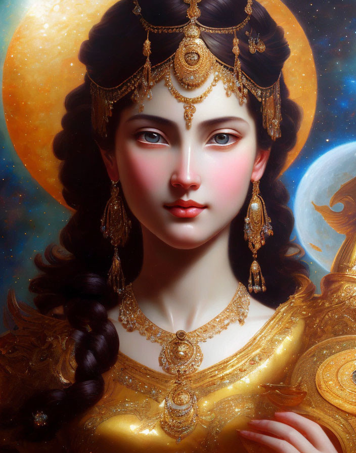 Digital artwork featuring woman with golden jewelry and celestial background.