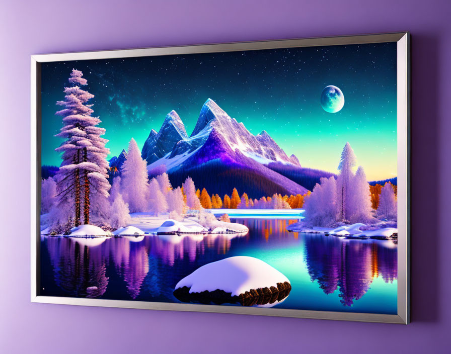 Colorful snowy mountain landscape with lake, trees, and full moon.