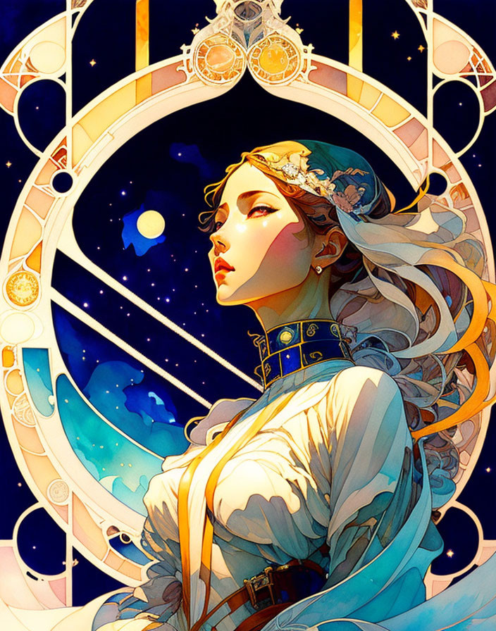 Illustrated portrait of a woman with cosmic and floral elements in celestial setting