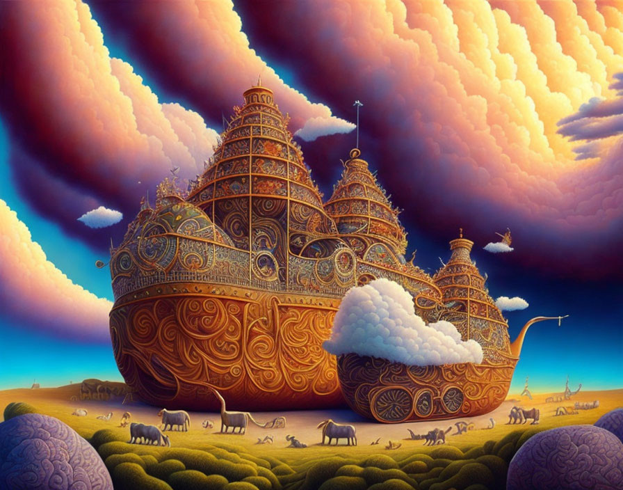 Ornate ship on wheels in vibrant landscape