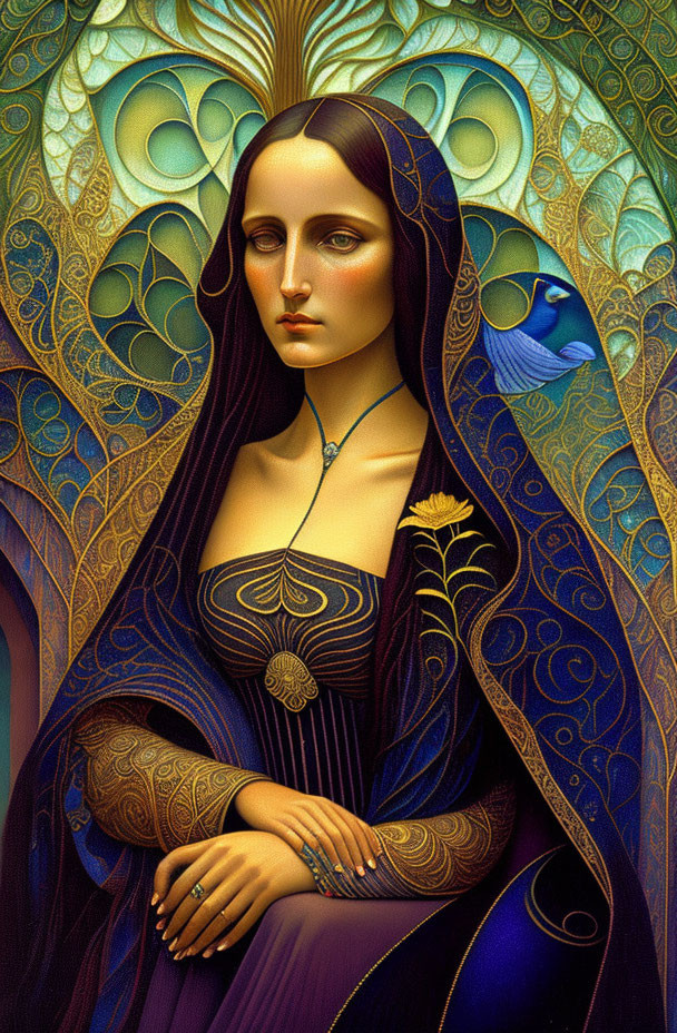 Stylized portrait of a woman in blue cloak with gold patterns and peacock feathers.