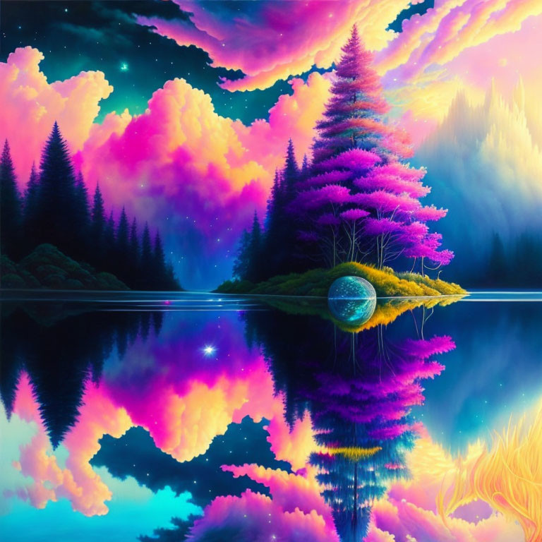 Colorful landscape featuring pink and blue clouds, reflective lake, neon trees, and mystical forest scene.