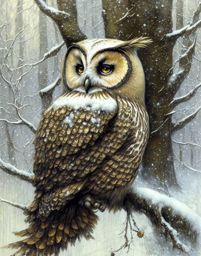 Detailed Owl Illustration Perched on Snowy Branch