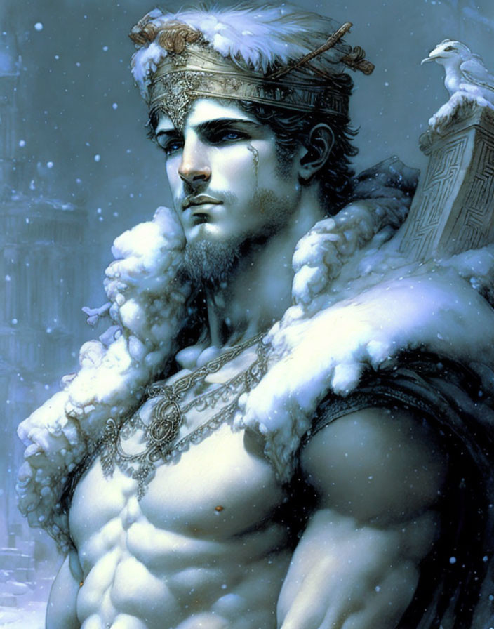 Regal figure with crown and fur cloak in snowy scene with jewelry and white bird.