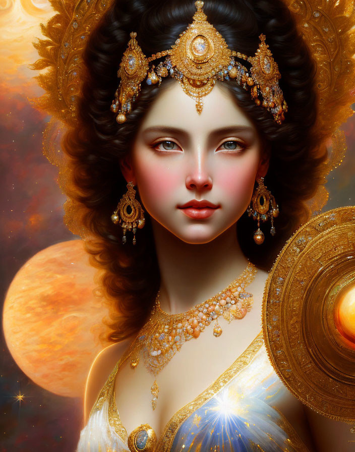 Woman adorned with golden jewelry and celestial headdress against cosmic backdrop.