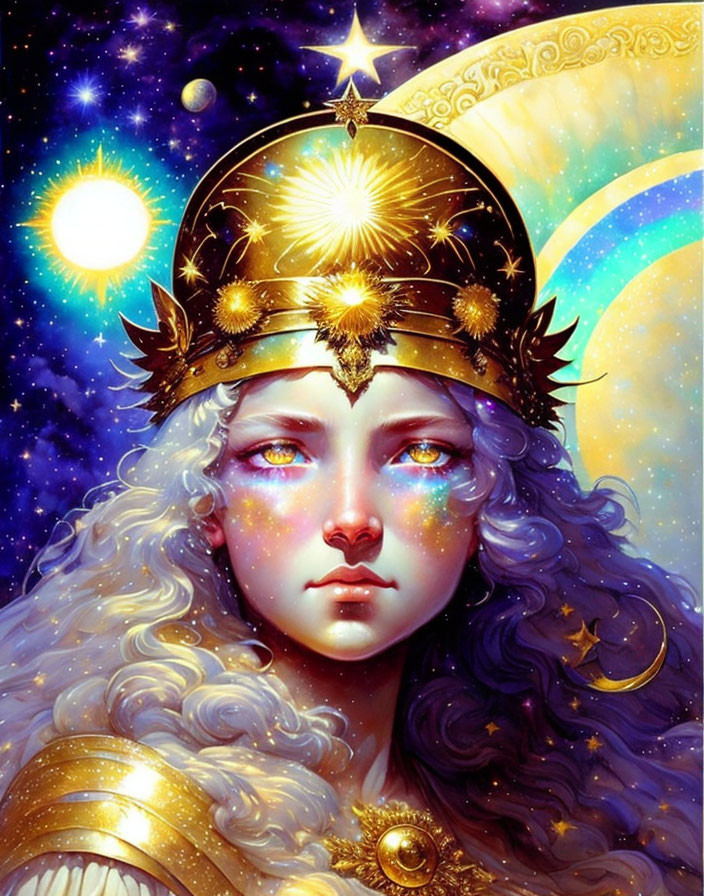 Illustrated female figure with blue eyes and white curly hair wearing a golden crown in cosmic setting