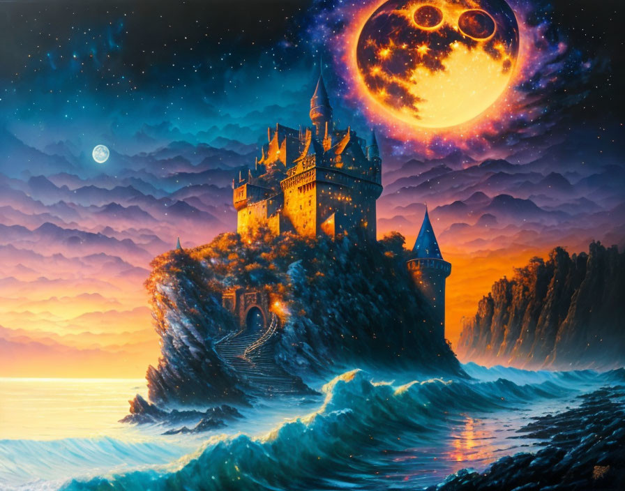 Fantasy castle on cliff with bridge under starry sky and moon by ocean.