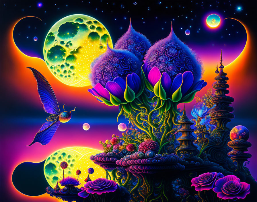 Fantasy landscape with luminescent flowers, butterfly, and celestial bodies against starry sky