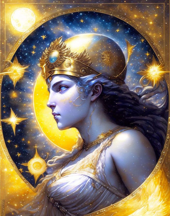 Fantasy artwork of majestic woman with golden crown and armor in celestial setting