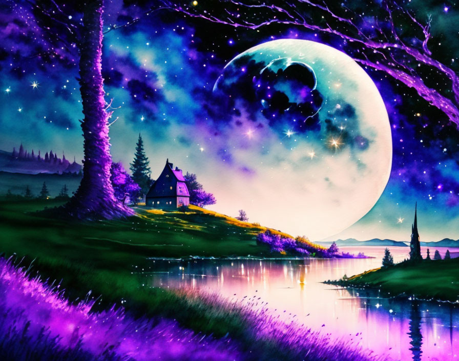 Fantasy landscape digital artwork with moon, night sky, cottage, lake, and purple flora