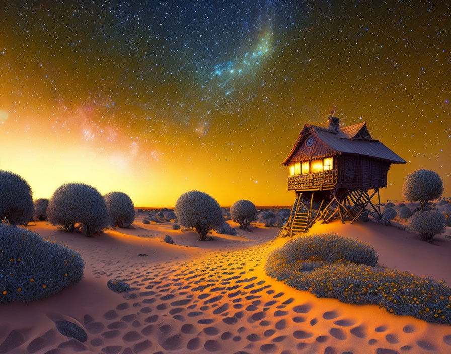 Wooden House in Desert Night Sky with Galaxy and Round Bushes