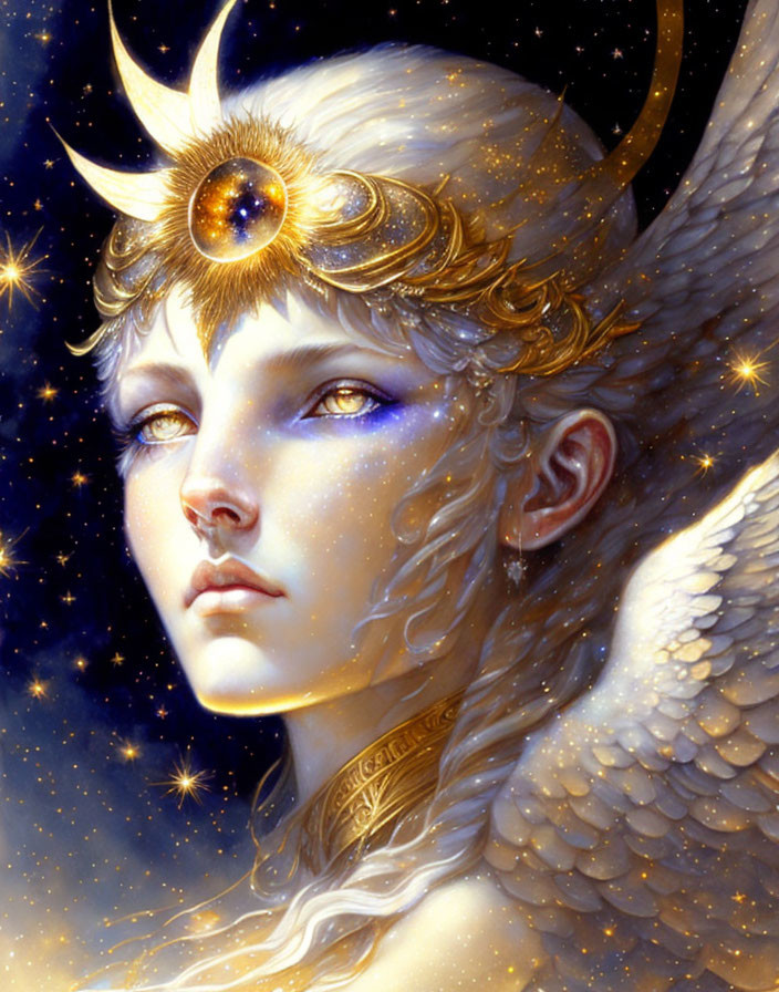 Fantasy character with golden crown, angelic wings, starry background, and ethereal glow