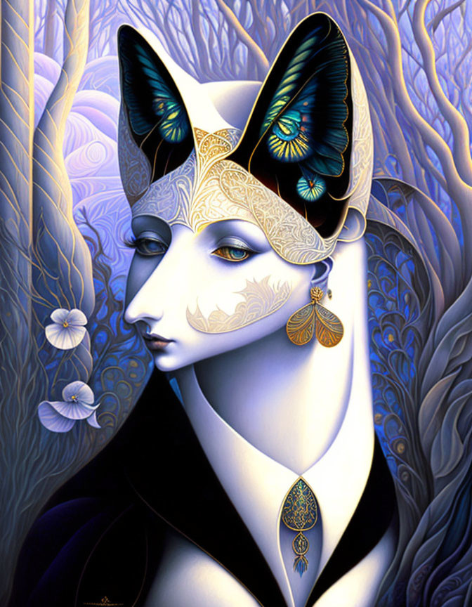 Illustration of humanoid figure with fox head and butterfly-wing ears in forest setting