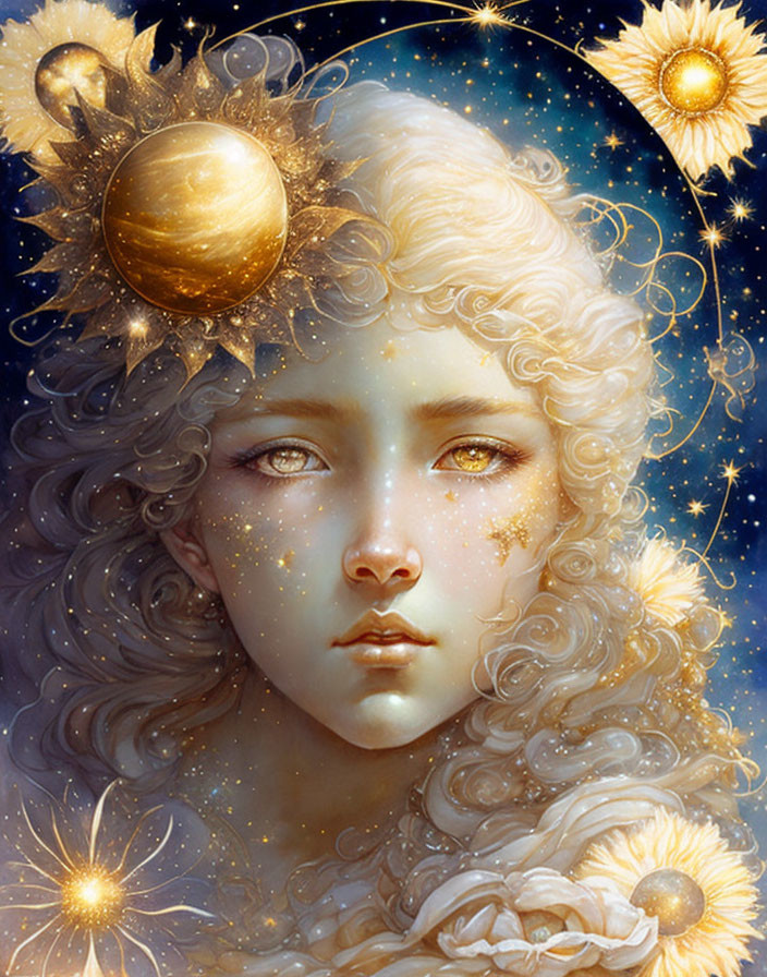 Fantasy portrait: Female figure with curly hair, adorned with celestial bodies and stars, exuding cosmic