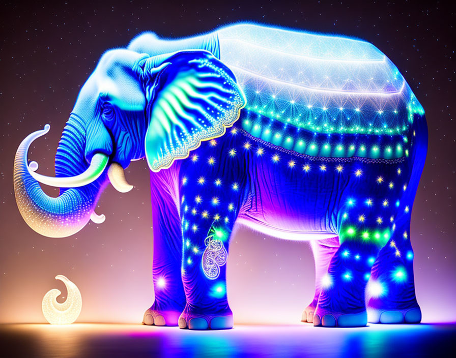 Colorful glowing elephant against starry background with luminescent patterns