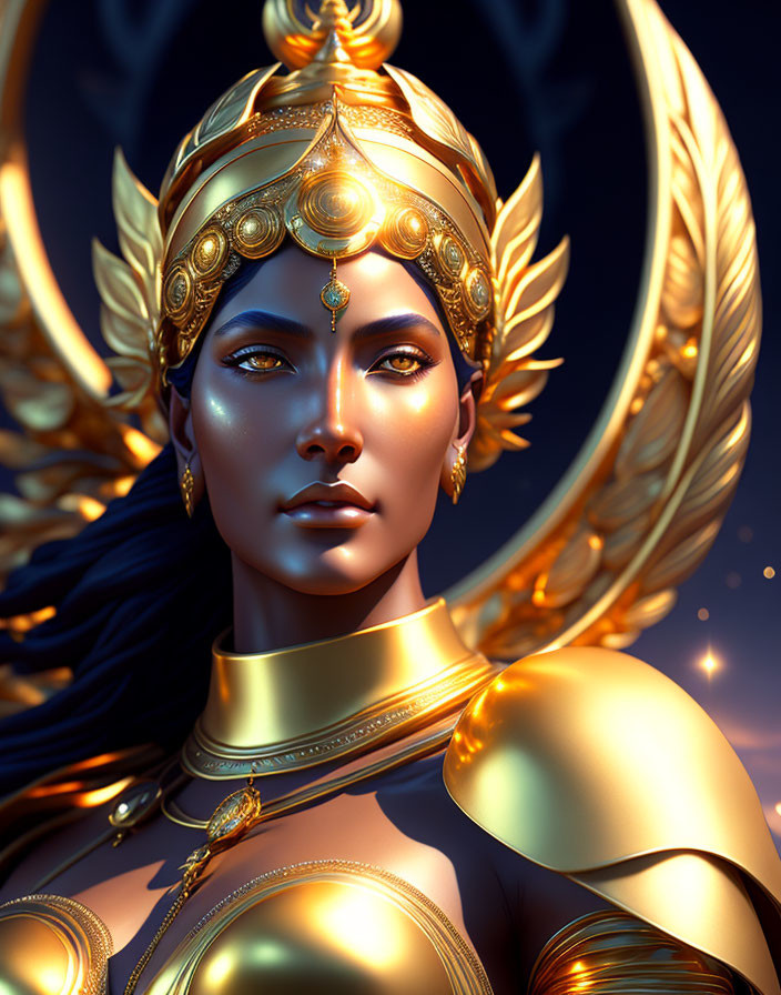 Majestic female figure in golden armor with feathered headpiece