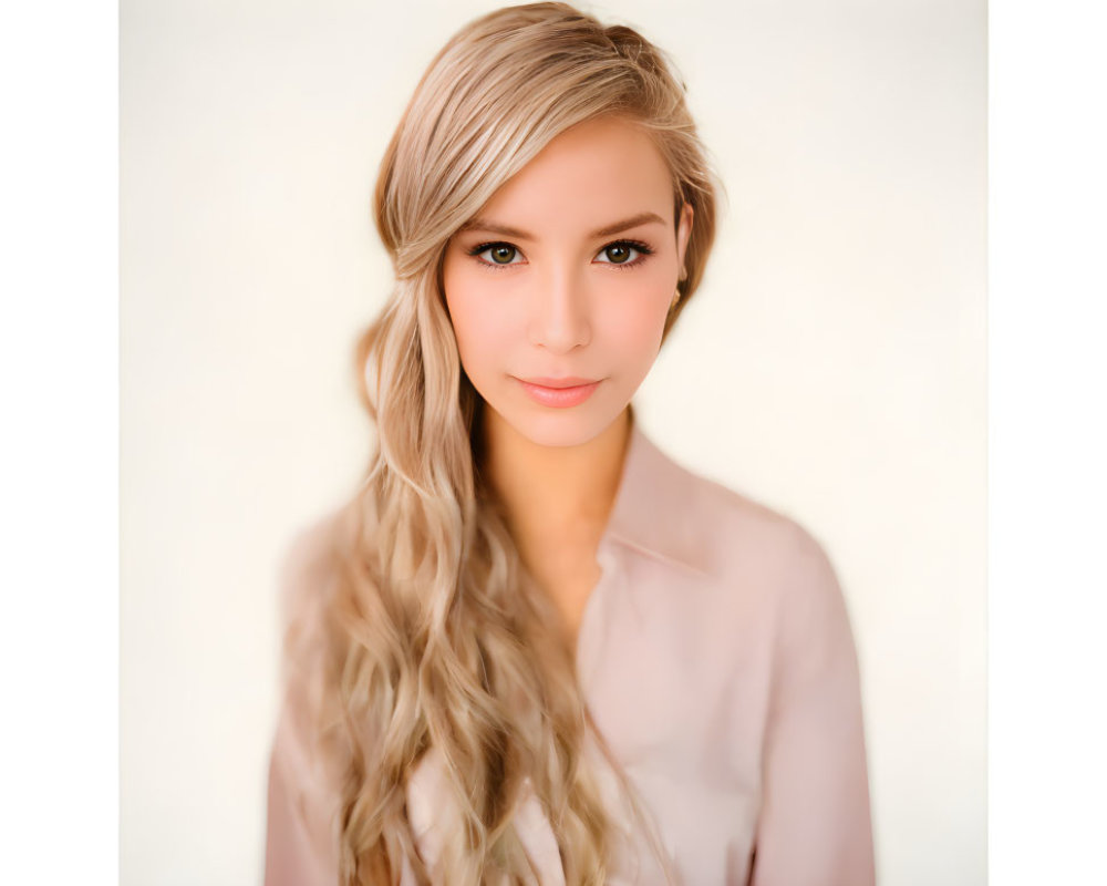 Blonde woman with side braid in soft makeup and pink blouse on cream background