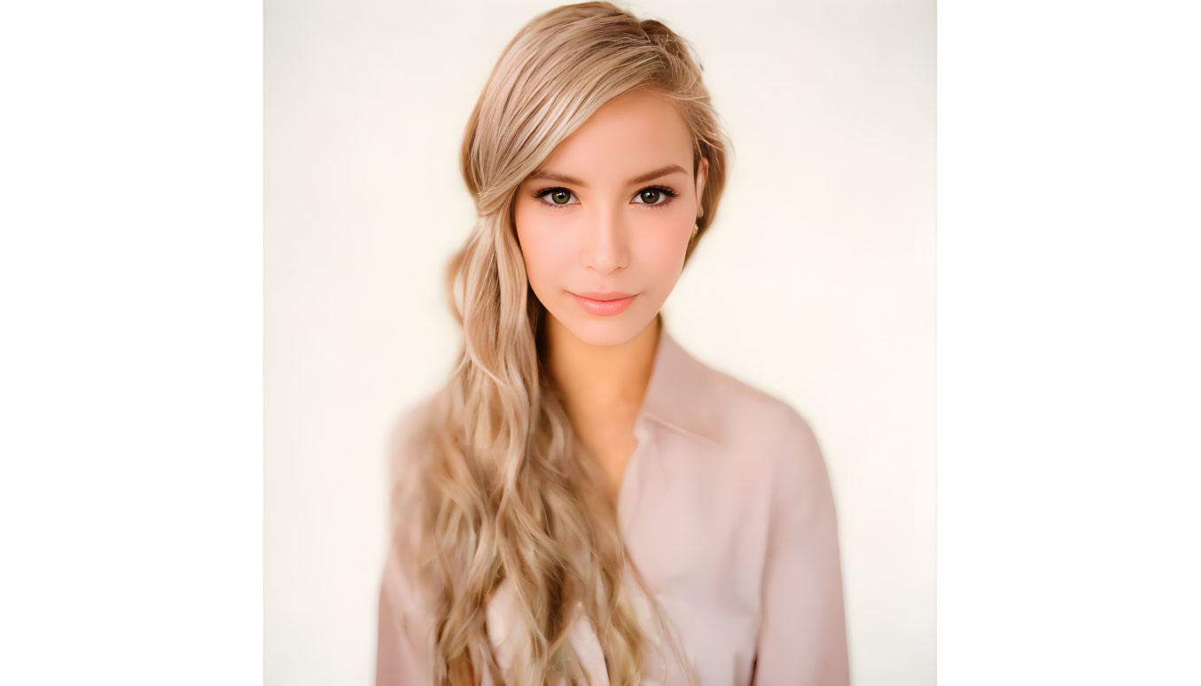 Blonde woman with side braid in soft makeup and pink blouse on cream background