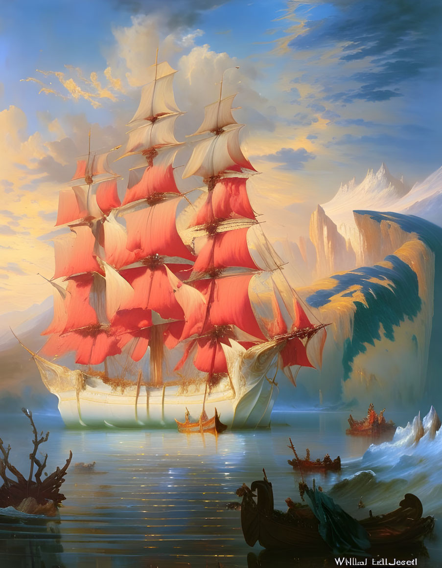 Majestic ship with red sails on calm waters at dawn