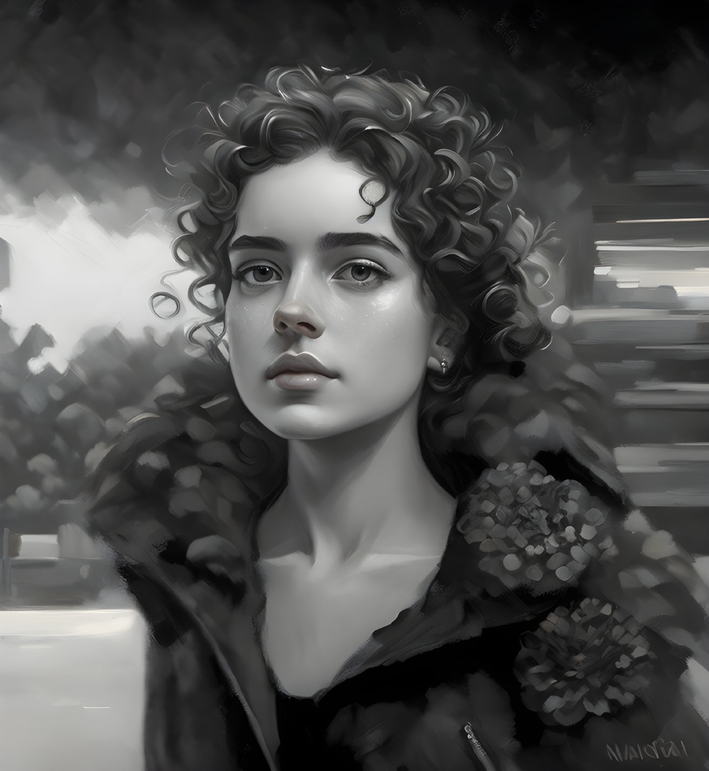 Monochrome digital portrait: Young woman with curly hair in floral jacket.