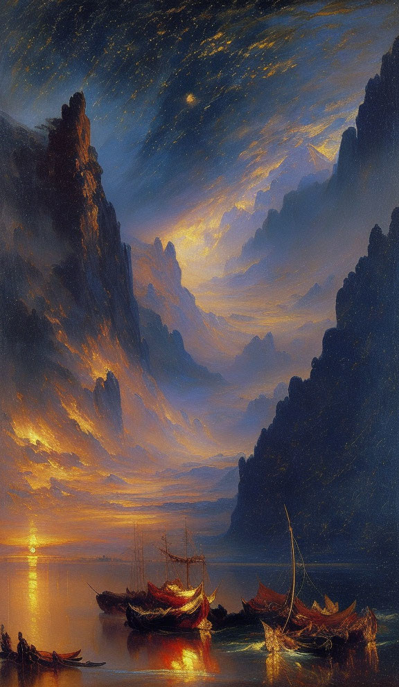 Serene sunset oil painting with golden hues, sailing boats, dramatic cliffs