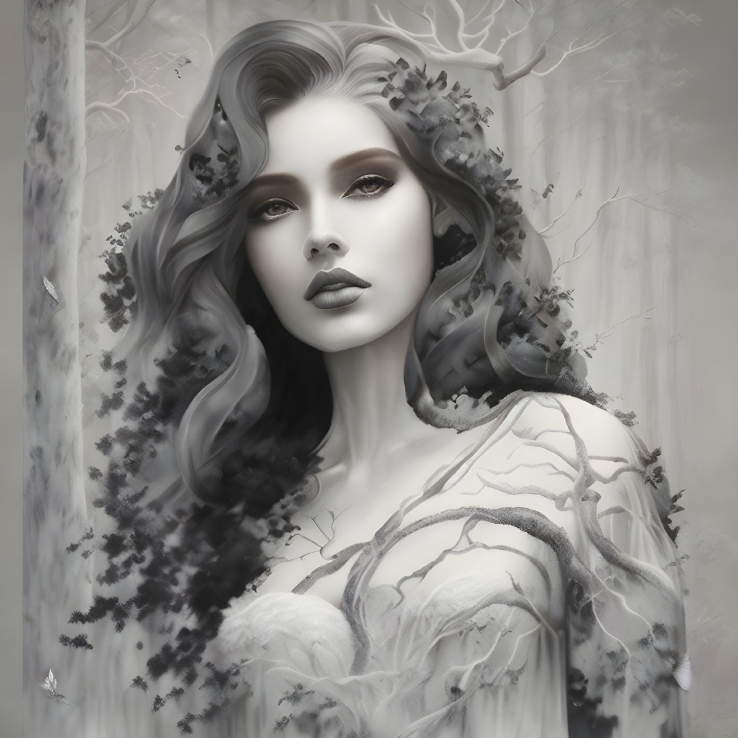 Monochromatic artwork of woman with flowing hair in forest theme