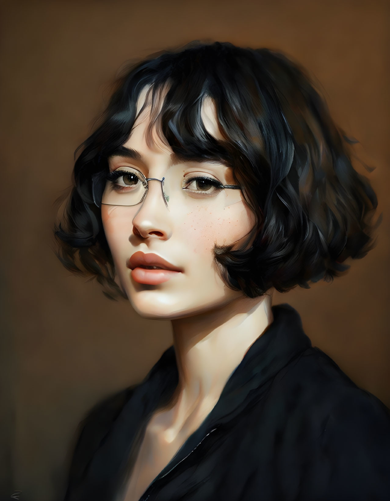 Woman with Short Curly Hair and Glasses in Digital Portrait