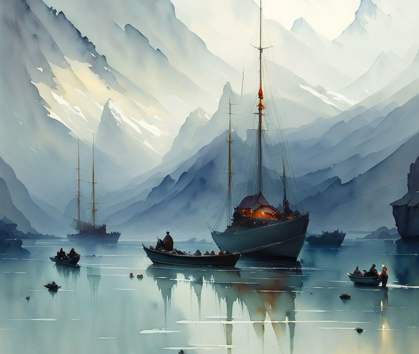 Sailing ships and rowboats on calm waters with misty mountains under light blue sky