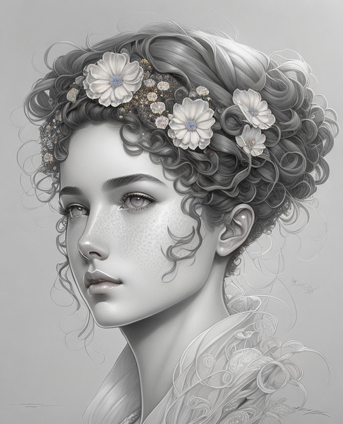 Monochrome illustration of woman with intricate curly hair and floral decorations.