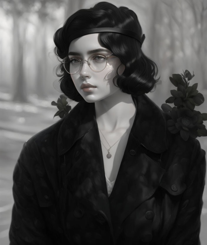 Monochrome illustration of young woman with wavy hair and glasses in coat.