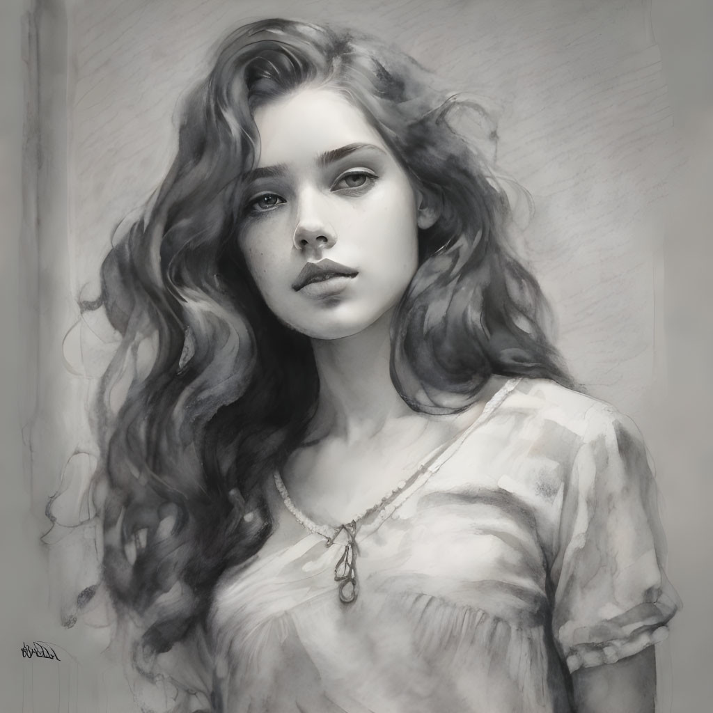 Monochromatic portrait of young woman with curly hair and necklace