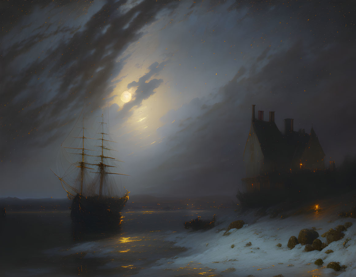 Moonlit sailing ship near shore with illuminated house.