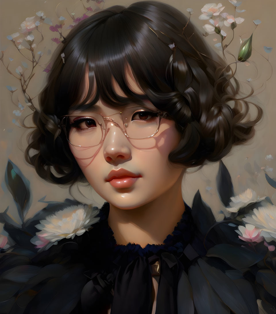 Portrait of woman with short curly hair, glasses, and floral hair accessories in dark attire, blending realism