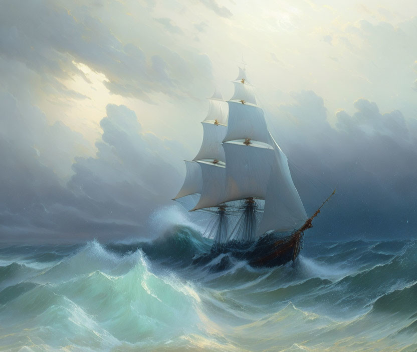 Sailing ship with billowing sails on tumultuous sea waves