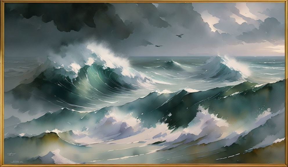 Stormy Sea Painting with Cresting Waves and Solitary Bird