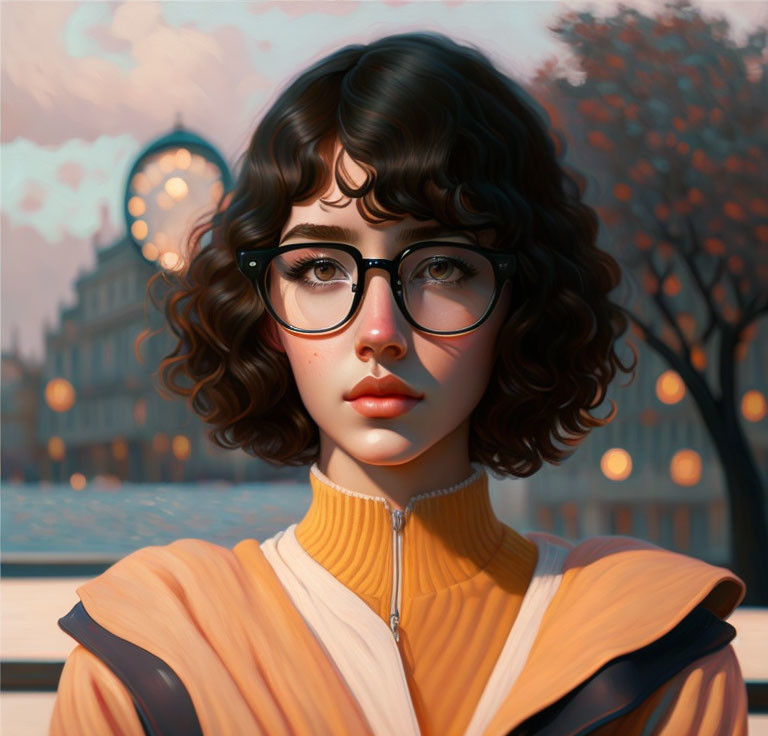 Curly-Haired Woman in Glasses with Autumn Cityscape Illustration