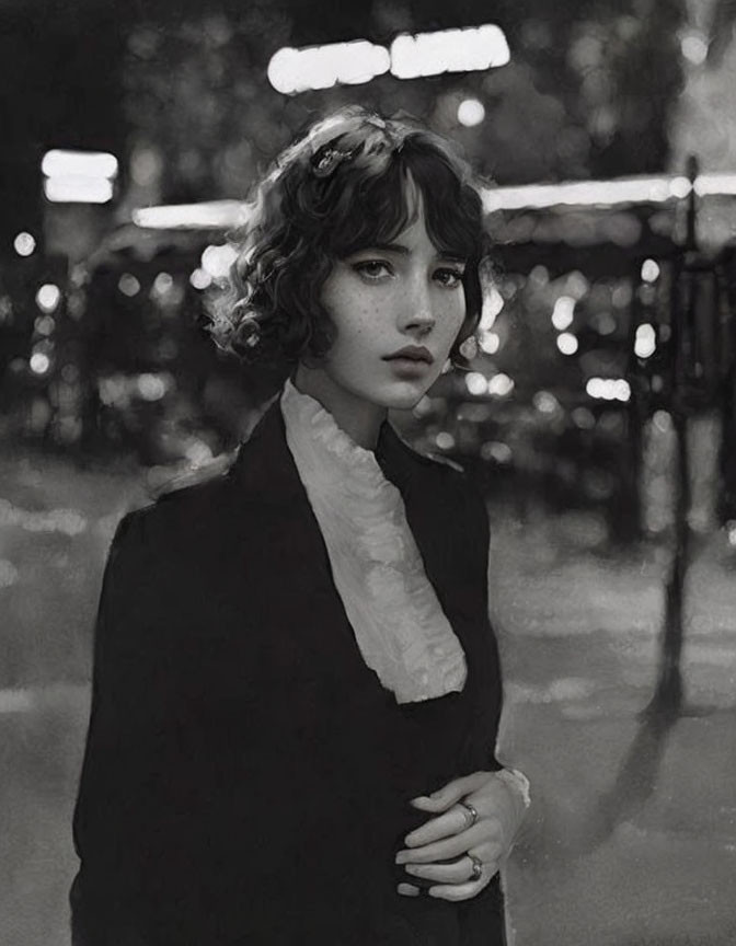 Monochromatic portrait of young woman with short curly hair in dark coat on city background