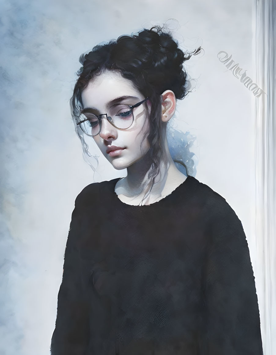 Young woman in glasses with dark hair in bun, black sweater, gazing down on soft blue background