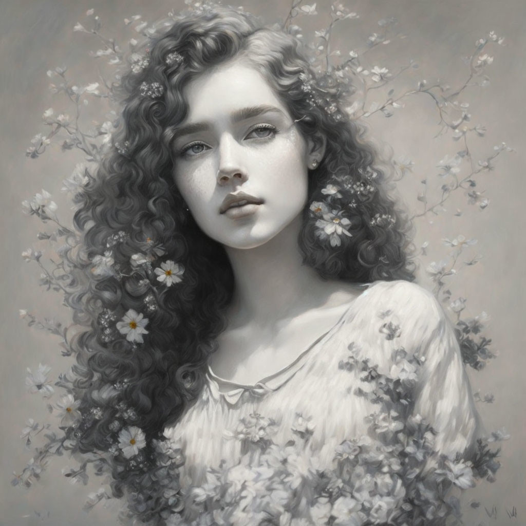 Monochromatic portrait of woman with curly hair and floral adornments