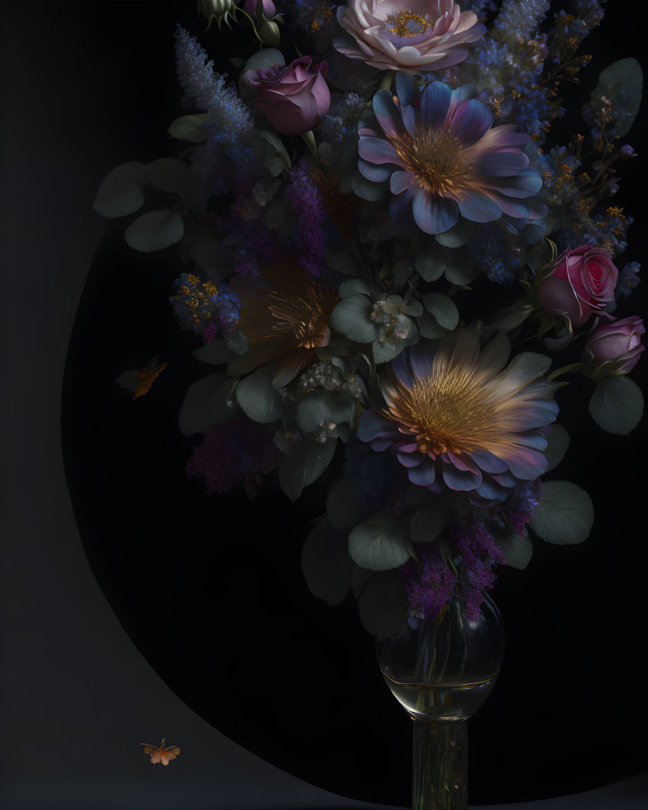 Dark still life: assorted flowers in purples and pinks with fluttering butterflies