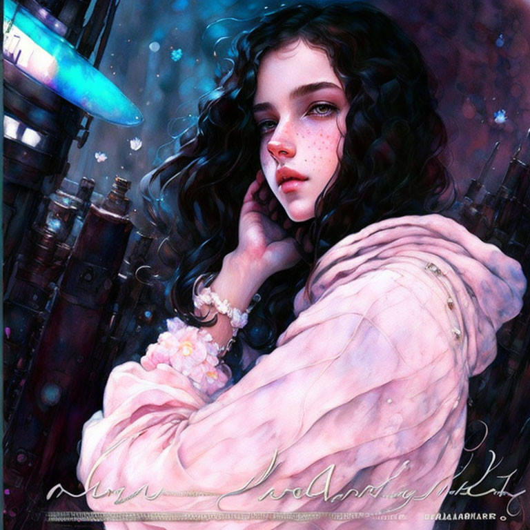 Young woman with curly dark hair and freckles in futuristic cityscape.