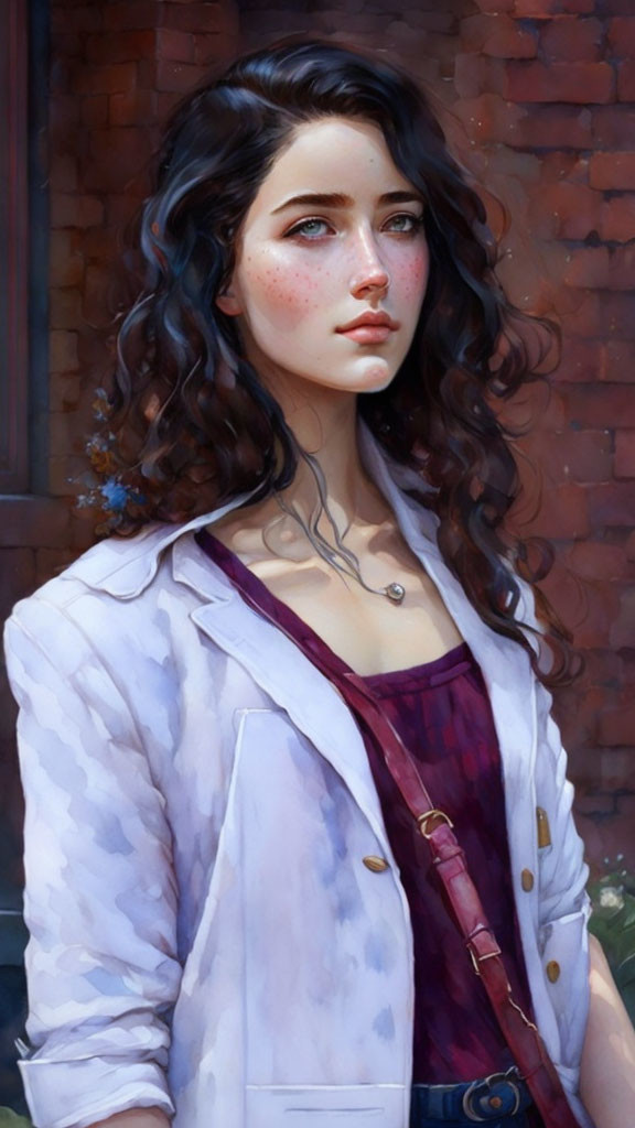 Young woman with dark curly hair and blue eyes in white jacket against brick wall.