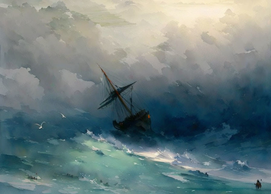 Stormy Seascape Painting: Ship in Misty Impressionistic Style